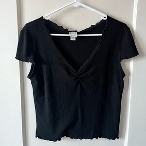 Essentials by Poof Black Ribbed V-Neck Short Sleeve Top